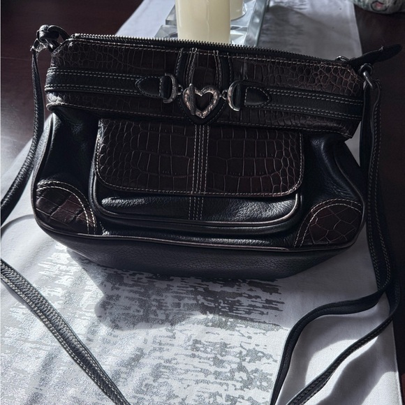 Brighton Leather Croc Embossed Crossbody Bag Black Brown - Picture 2 of 9